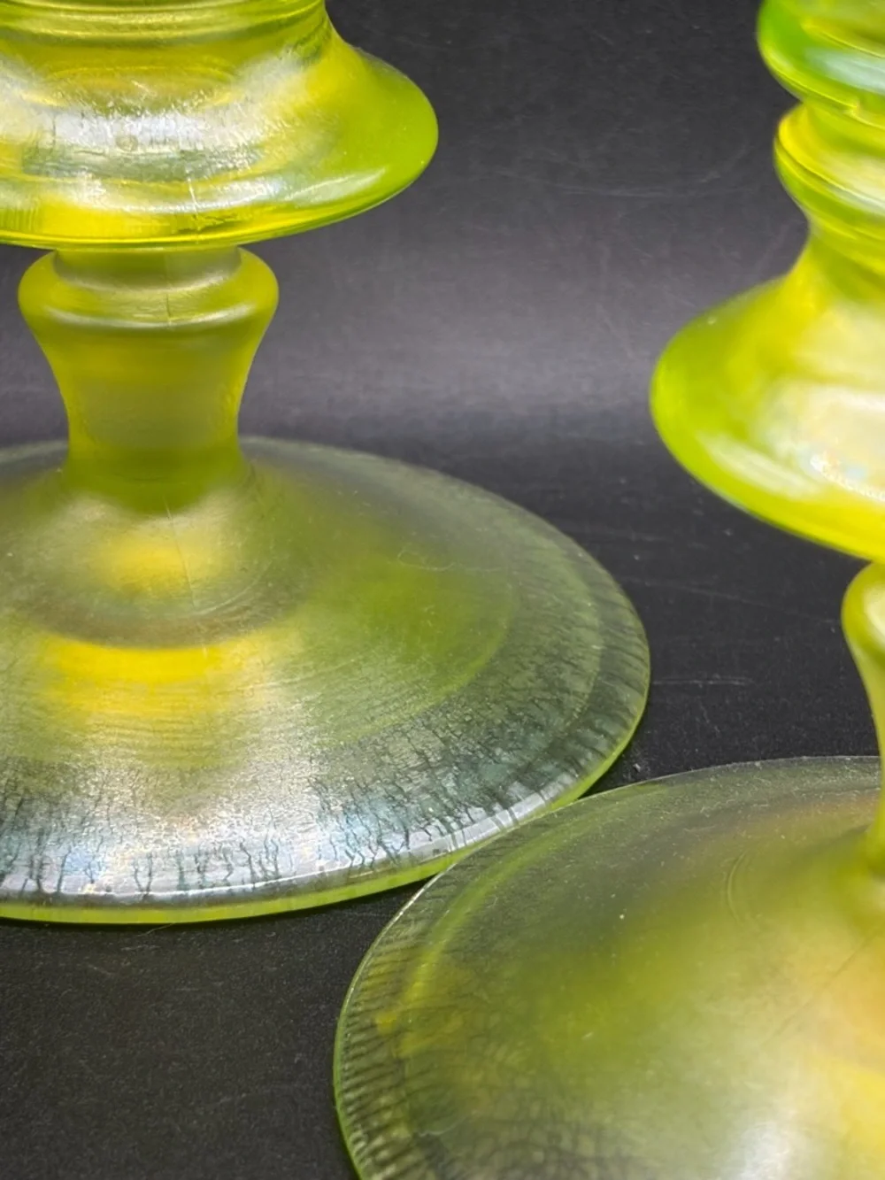 Vintage Vaseline Onion Skin Stretch Glass Uranium Candlesticks Candle Holders